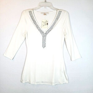 Boston Proper Womens Rhinestone 3/4 Sleeve Lightweight Top Size XS White Sparkle